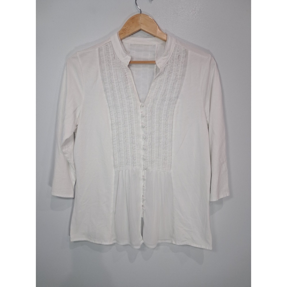White Ruffle Chiffon Accent 3/4 Sleeve Mandarin Collar Blouse Top Womens L